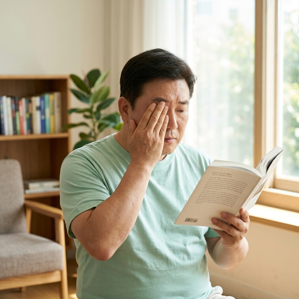50대 후반 한국인이 집 거실에서 한쪽 눈을 가리고 책을 보며 시야 변화를 스스로 확인하는 모습, 밝은 여름 햇살이 창문으로 들어옴