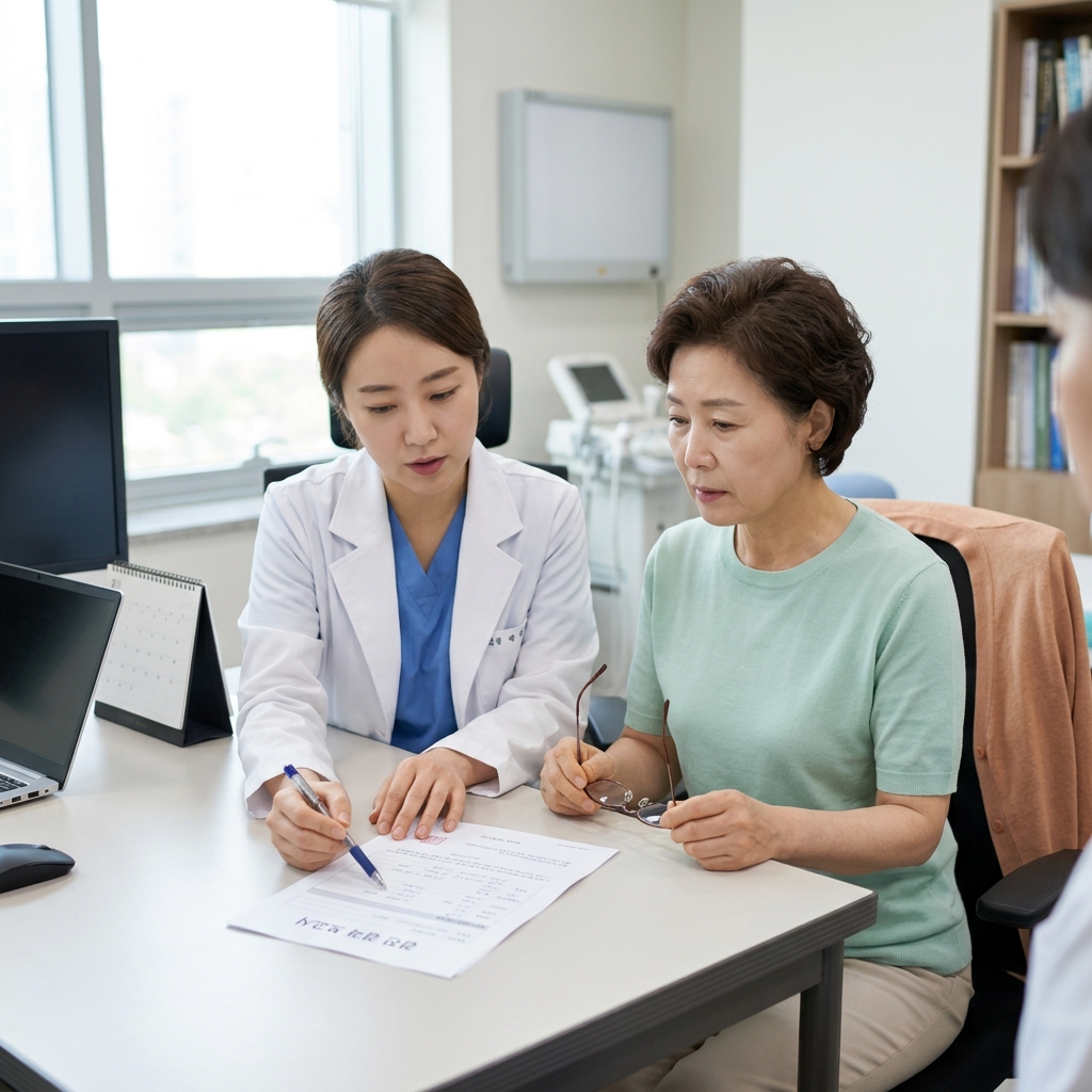50대 여성이 산부인과 진료실에서 의료진과 검진 결과지를 함께 확인하고 있는 장면