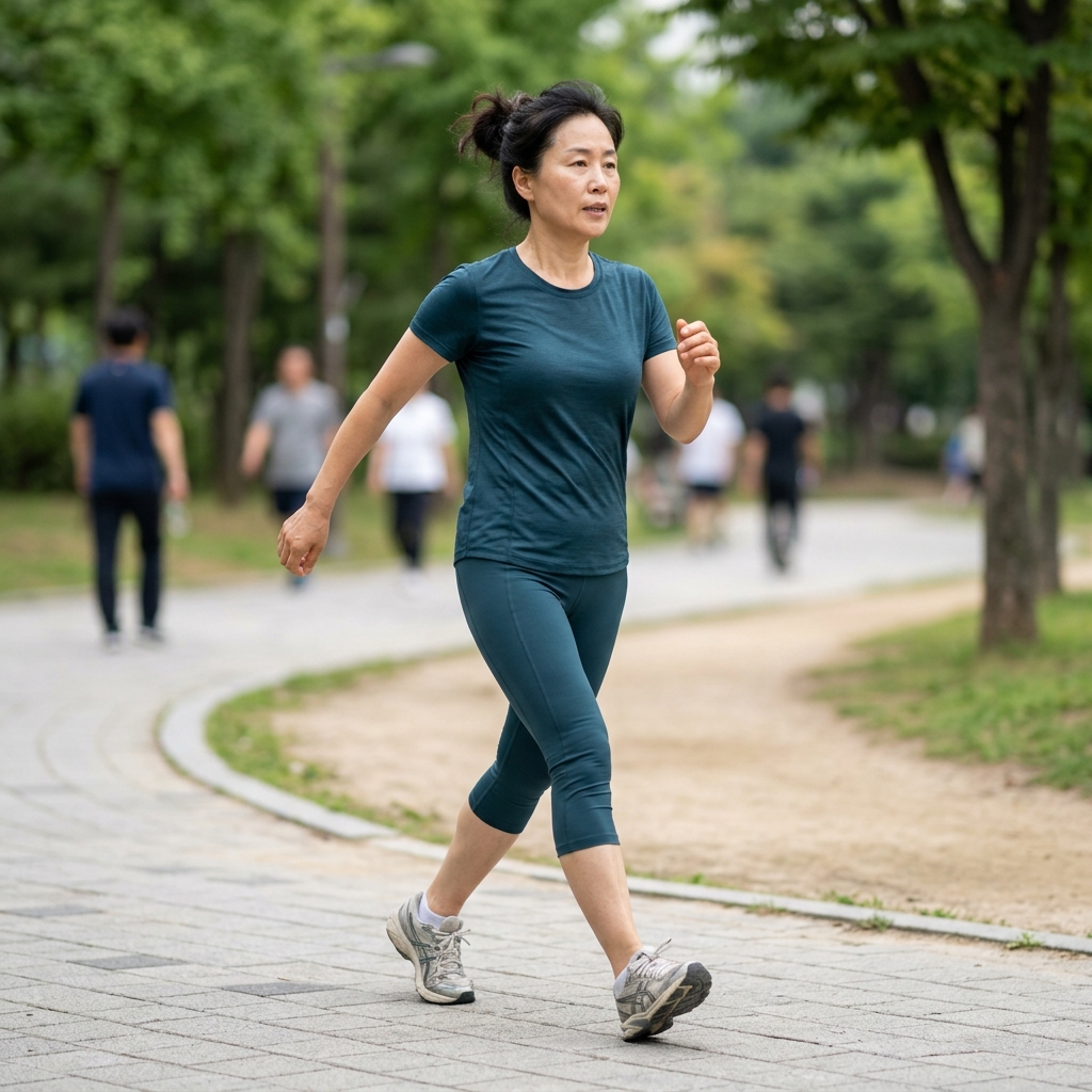 50대 중년이 공원 산책로에서 가벼운 운동복을 입고 빠르게 걷는 모습