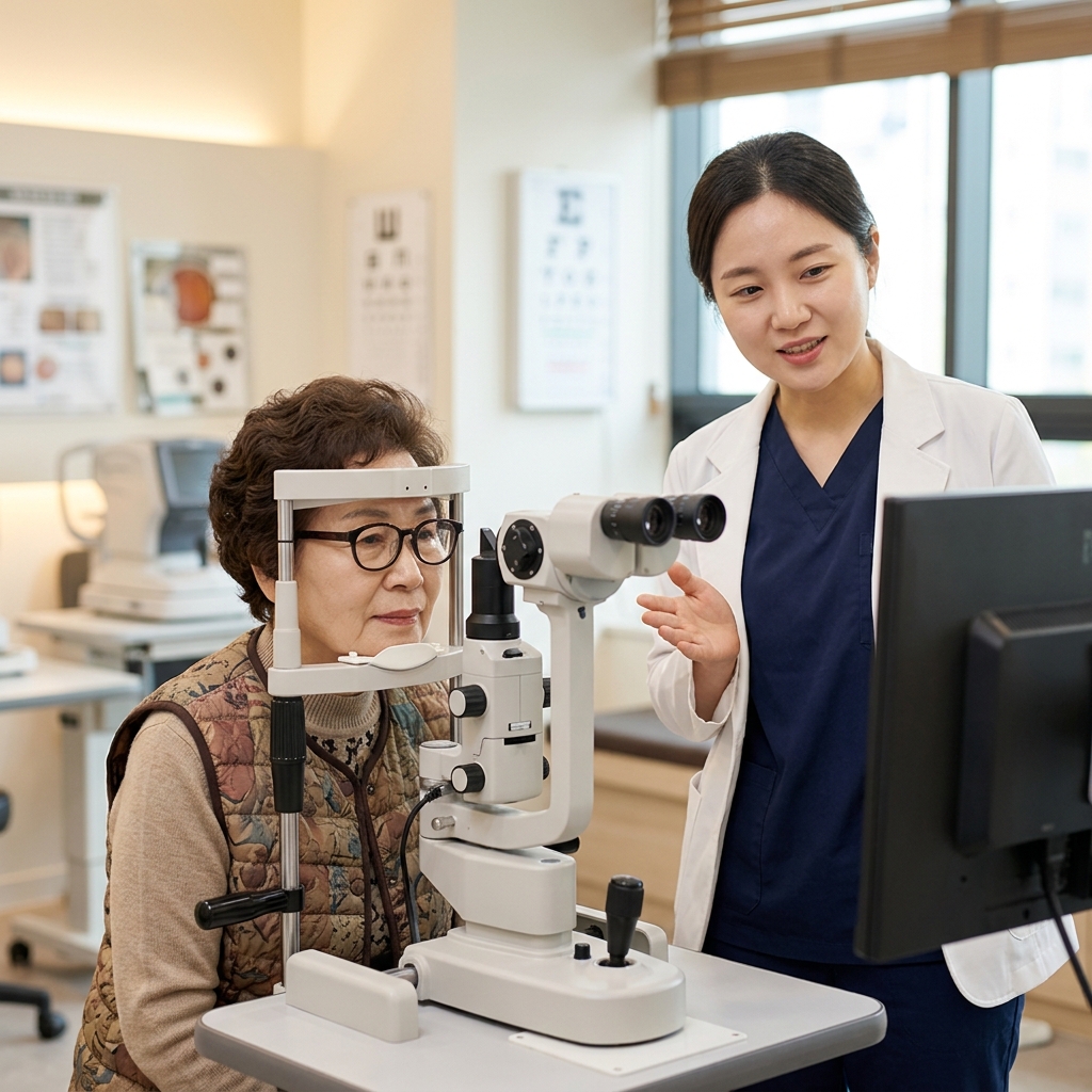 안과 진료실에서 70대 한국인 여성이 검사 장비 앞에 앉아 검사받는 장면, 의료진이 옆에서 설명하는 모습, 밝은 실내 조명