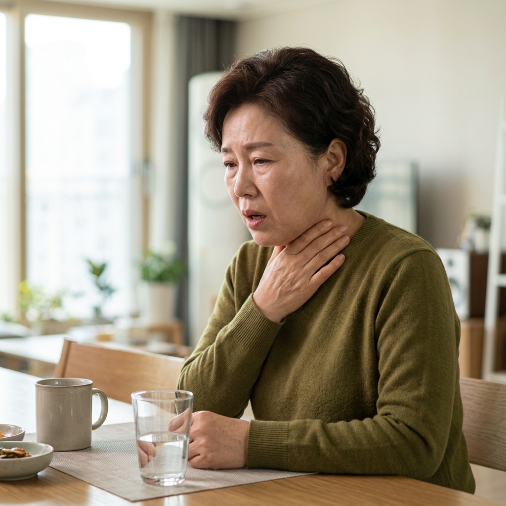 50대 중년 여성이 식탁에서 물을 마시다 손으로 목을 감싸며 기침하는 모습, 자연광