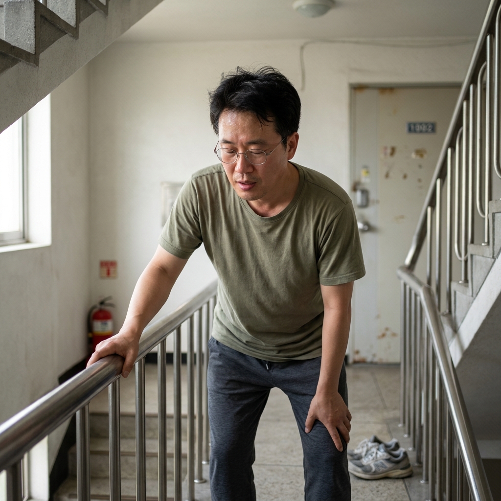아파트 계단 앞에서 숨을 고르며 난간을 잡고 있는 40대 한국인 남성의 모습, 평범한 실내복 차림, 자연광
