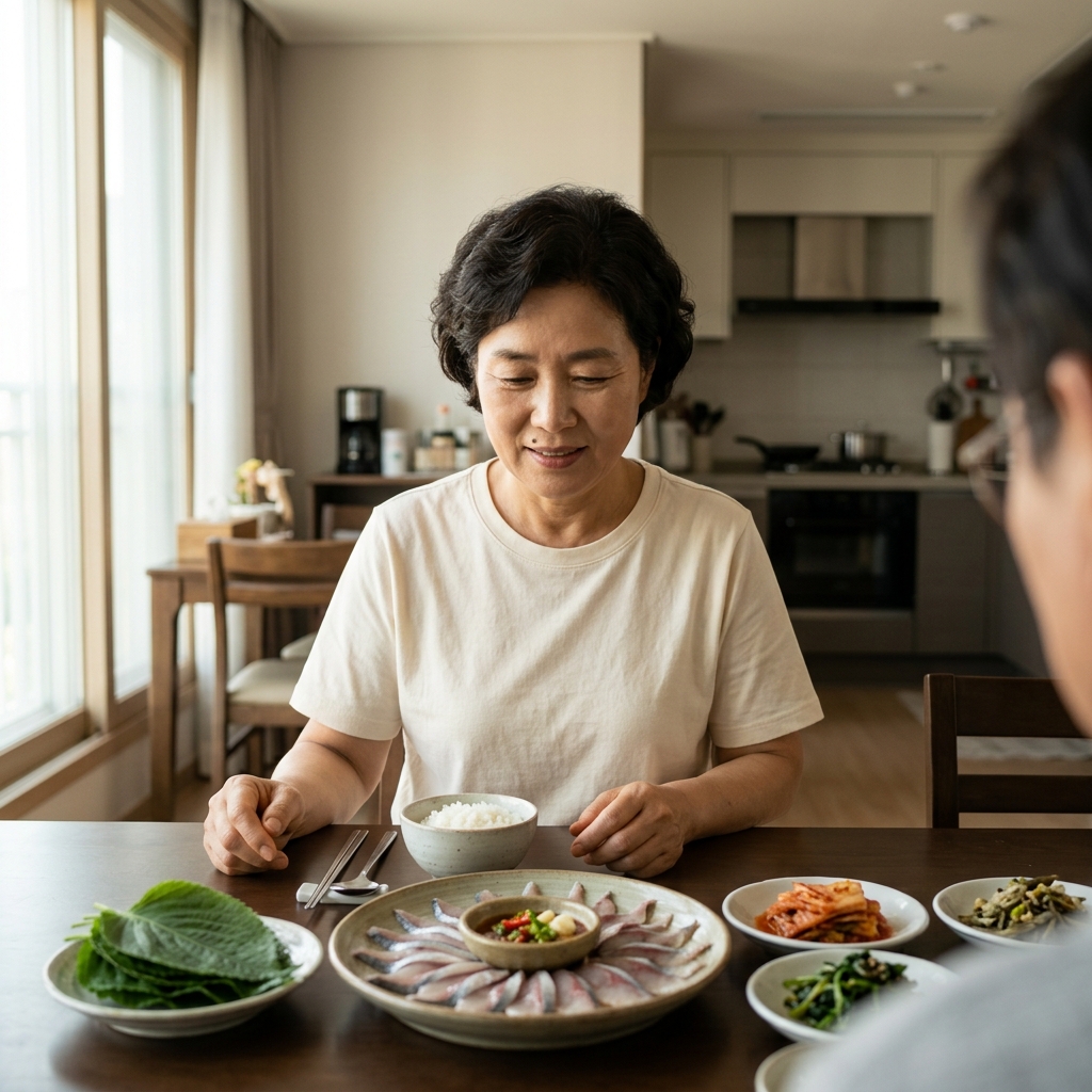 얇게 썬 전어회가 접시에 담긴 모습, 가을 식탁 위에 놓인 장면