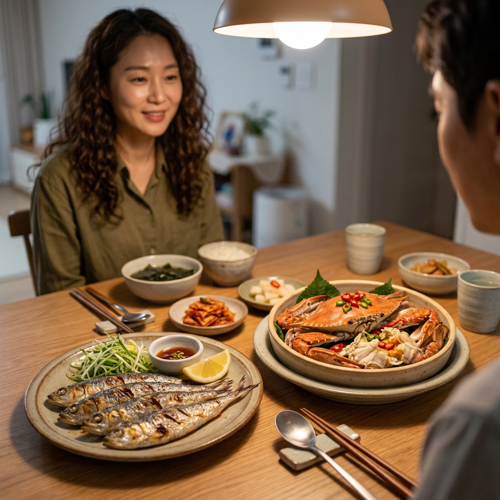 가을 저녁 식탁에 놓인 구운 전어와 찐 꽃게 요리