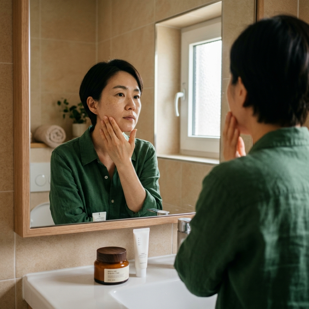 거울을 보며 볼과 턱 부위 피부 상태를 손으로 확인하는 한국인 여성의 모습, 세면대 위에 두 가지 크림 용기가 놓인 장면
