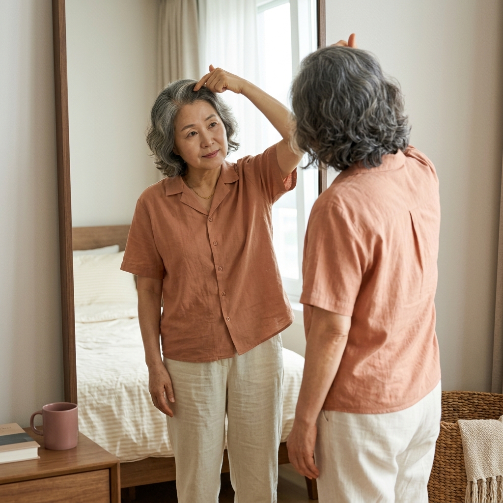 60대 여성이 거울 앞에서 정수리 부분을 손으로 가르며 숱 감소를 확인하는 장면