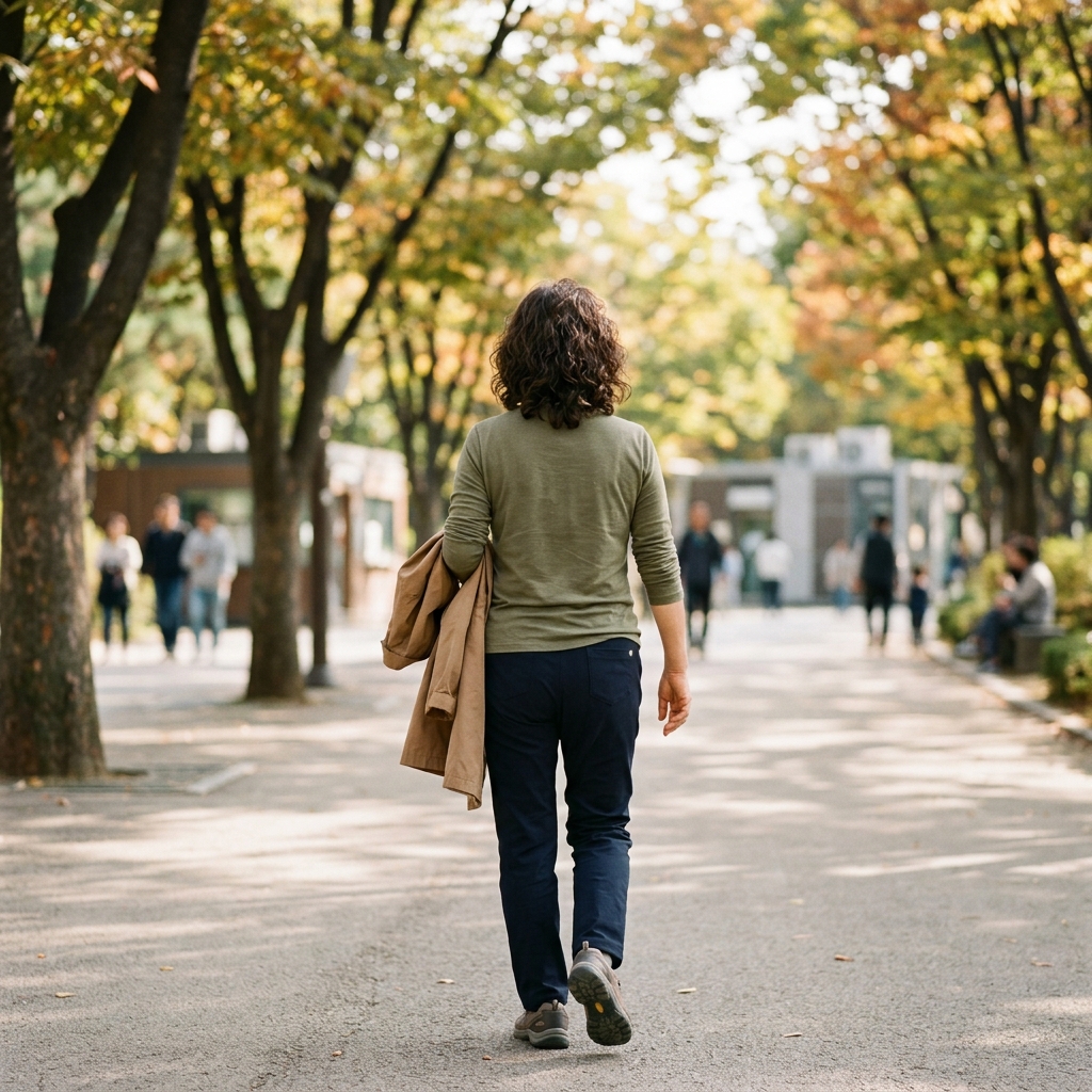 긴팔 겉옷을 손에 든 채 햇볕 아래 걷는 50대 중반 한국인의 뒷모습, 가을 오전 자연광