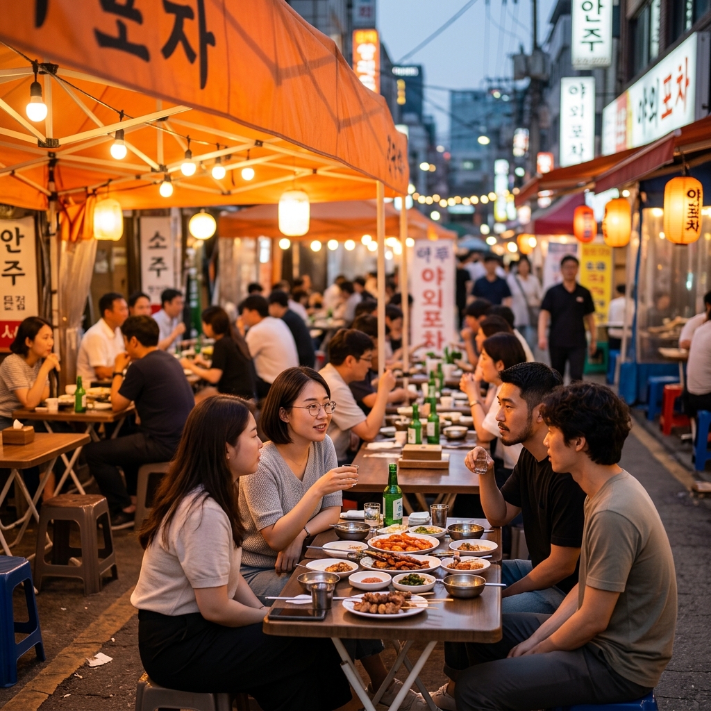 서울 야외 포차 거리 저녁 풍경, 따뜻한 조명 아래 테이블과 의자가 놓인 모습