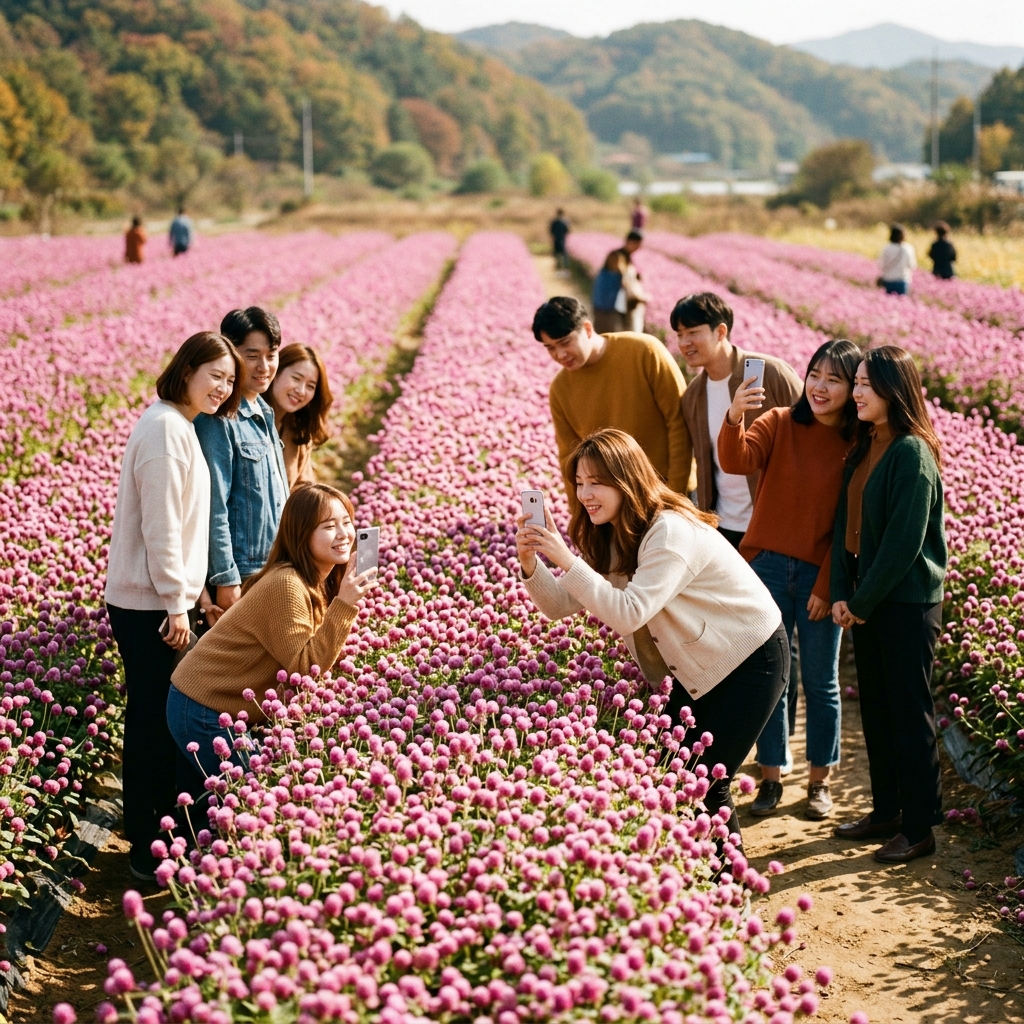 가을 햇살 아래 넓게 펼쳐진 분홍빛 천일홍 꽃밭과 사진 찍는 사람들