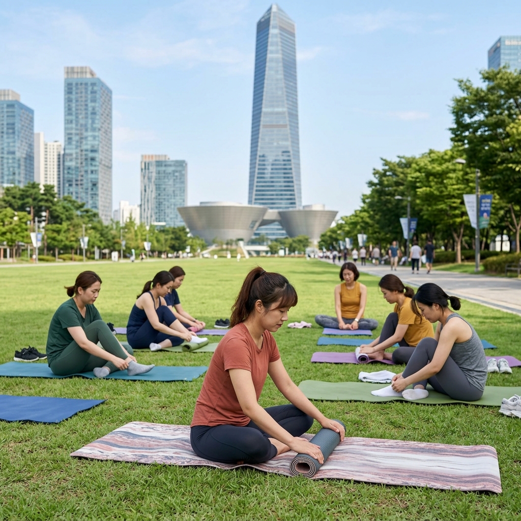 송도 센트럴파크 잔디 광장에서 요가 매트 위에 앉아 요가를 준비하는 참가자들