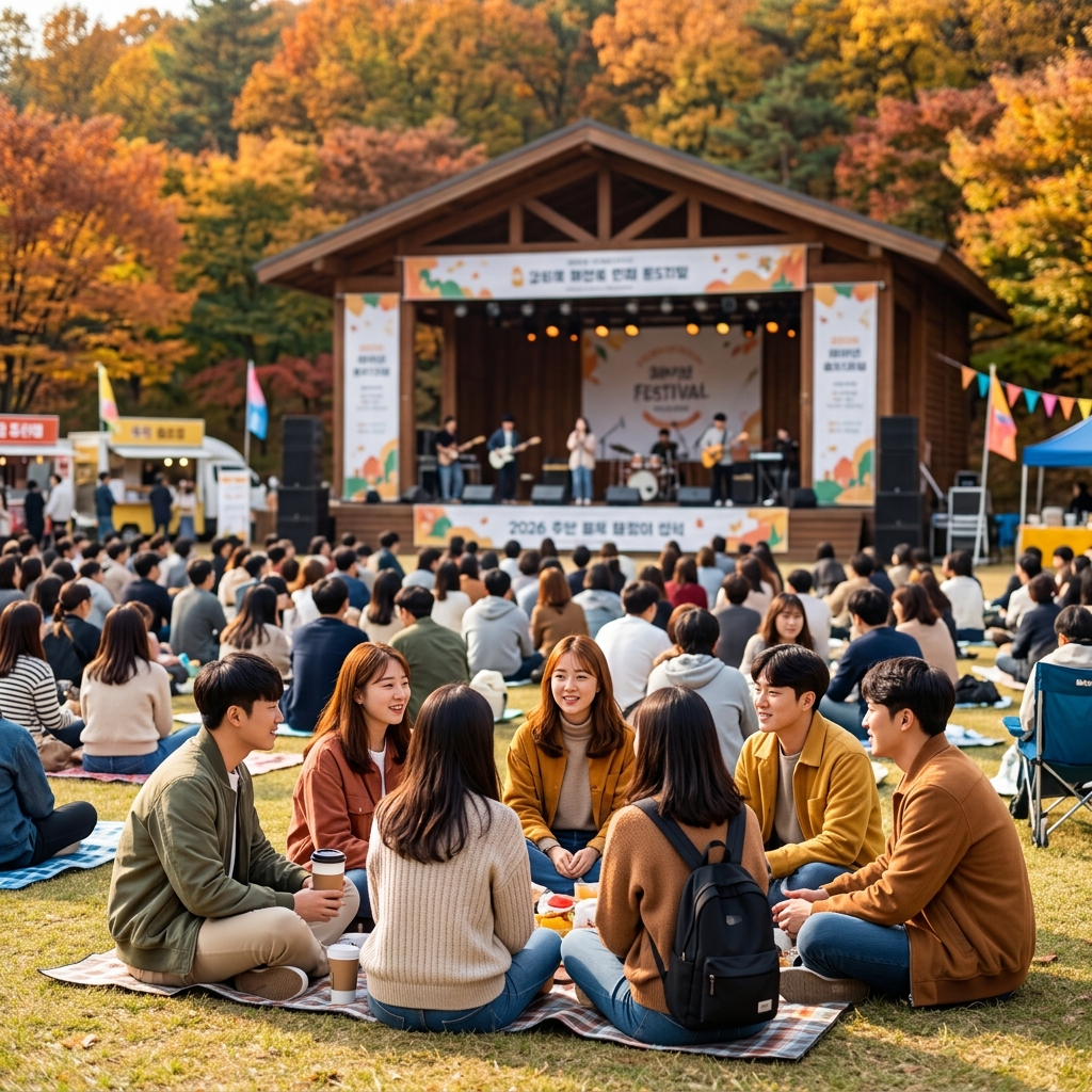 가을 야외 무대에서 즐기는 음악 페스티벌 전경