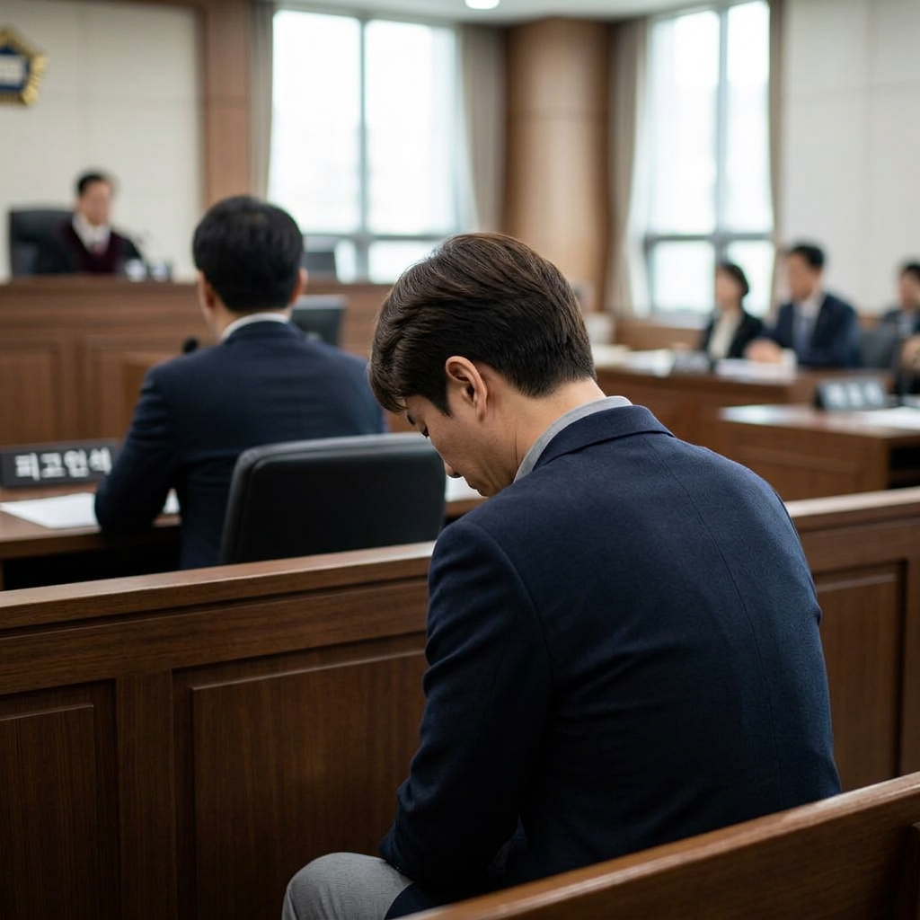 법정에서 고개 숙인 피고인의 뒷모습