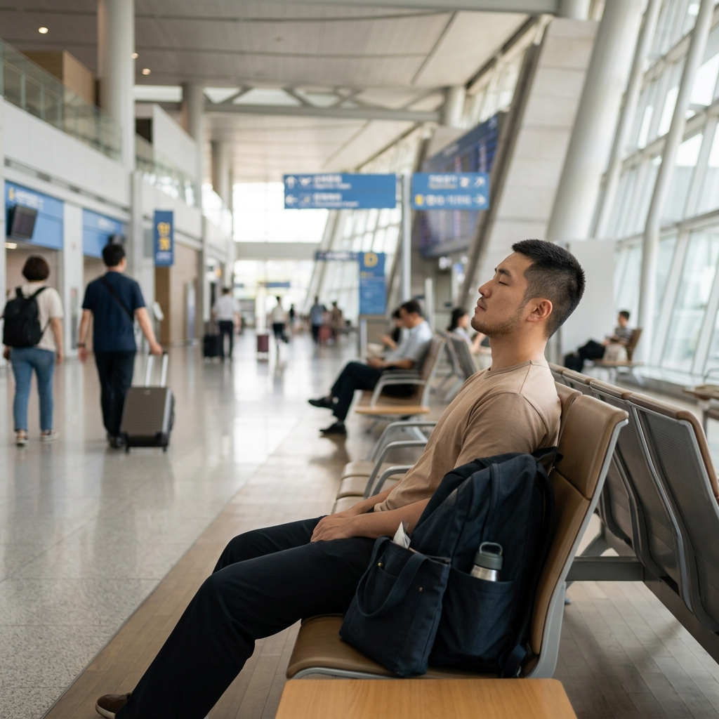 여름 한낮의 인천공항 터미널 내부, 에어컨 바람이 시원하게 나오는 대합실 벤치에 짐을 두고 쉬고 있는 사람들의 모습을 담은 장면