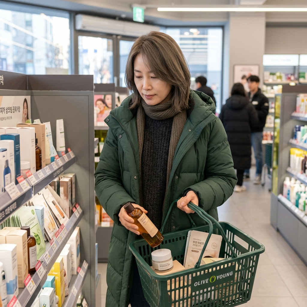 올리브영 세일 매장에서 겨울용 보습 스킨케어 제품을 장바구니에 담고 있는 모습