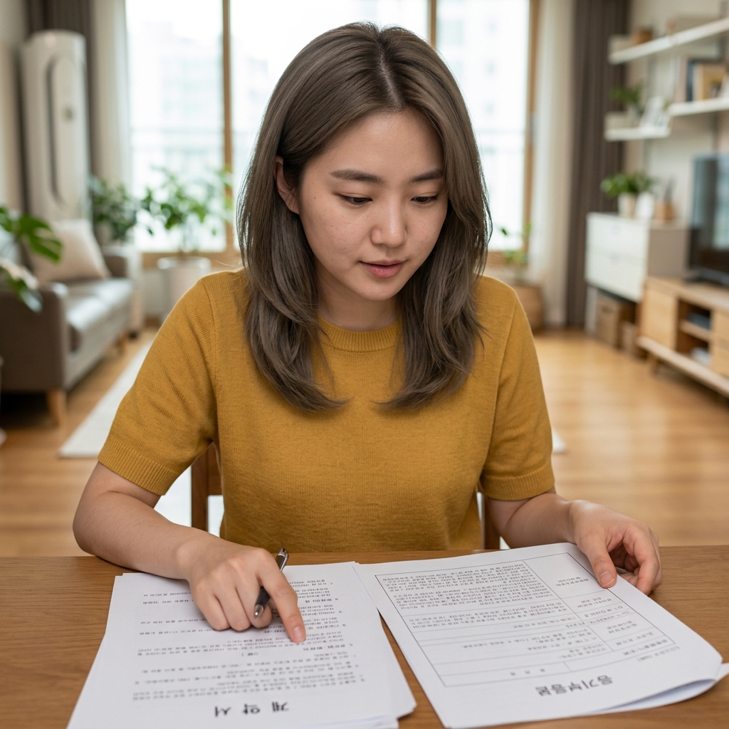 계약서와 등기부등본을 펼쳐놓고 꼼꼼히 살펴보는 사회초년생의 모습
