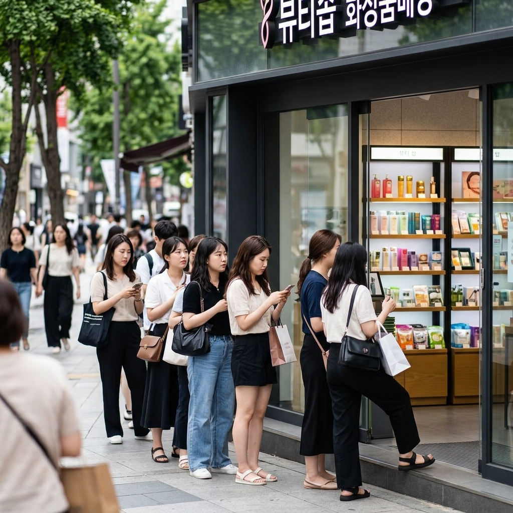 화장품 매장 앞에 늘어선 소비자들과 다양한 뷰티 제품 진열대