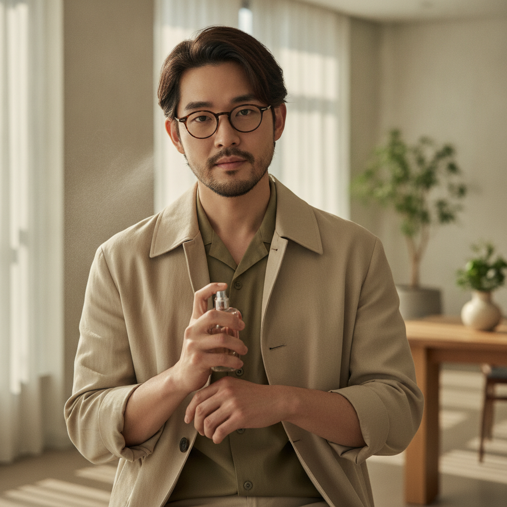 트렌치코트를 입은 남성이 향수를 손목에 뿌리는 모습