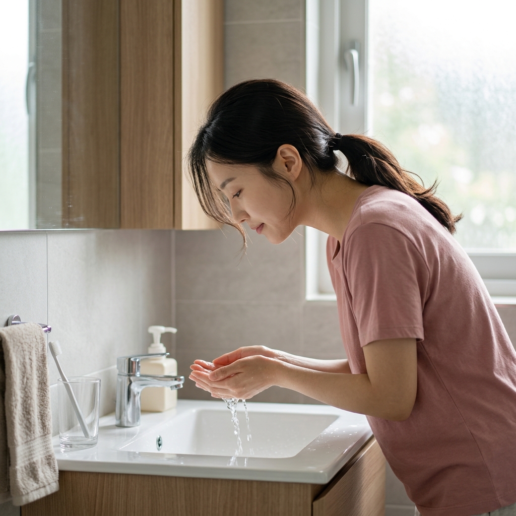 20대 후반 여성이 욕실 세면대 앞에서 양손으로 미지근한 물을 떠 얼굴을 부드럽게 씻고 있는 장면, 세안제 거품 없이 맨손으로만 물을 가볍게 적시는 모습, 창밖으로 아침 햇살이 들어오는 밝고 차분한 분위기