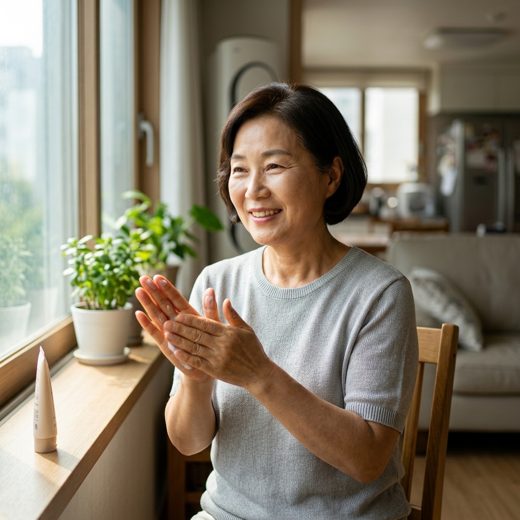 70대 여성이 거실 창가에 앉아 아침 햇살을 받으며 밝은 표정으로 손바닥에 화장품을 펴 바르는 모습