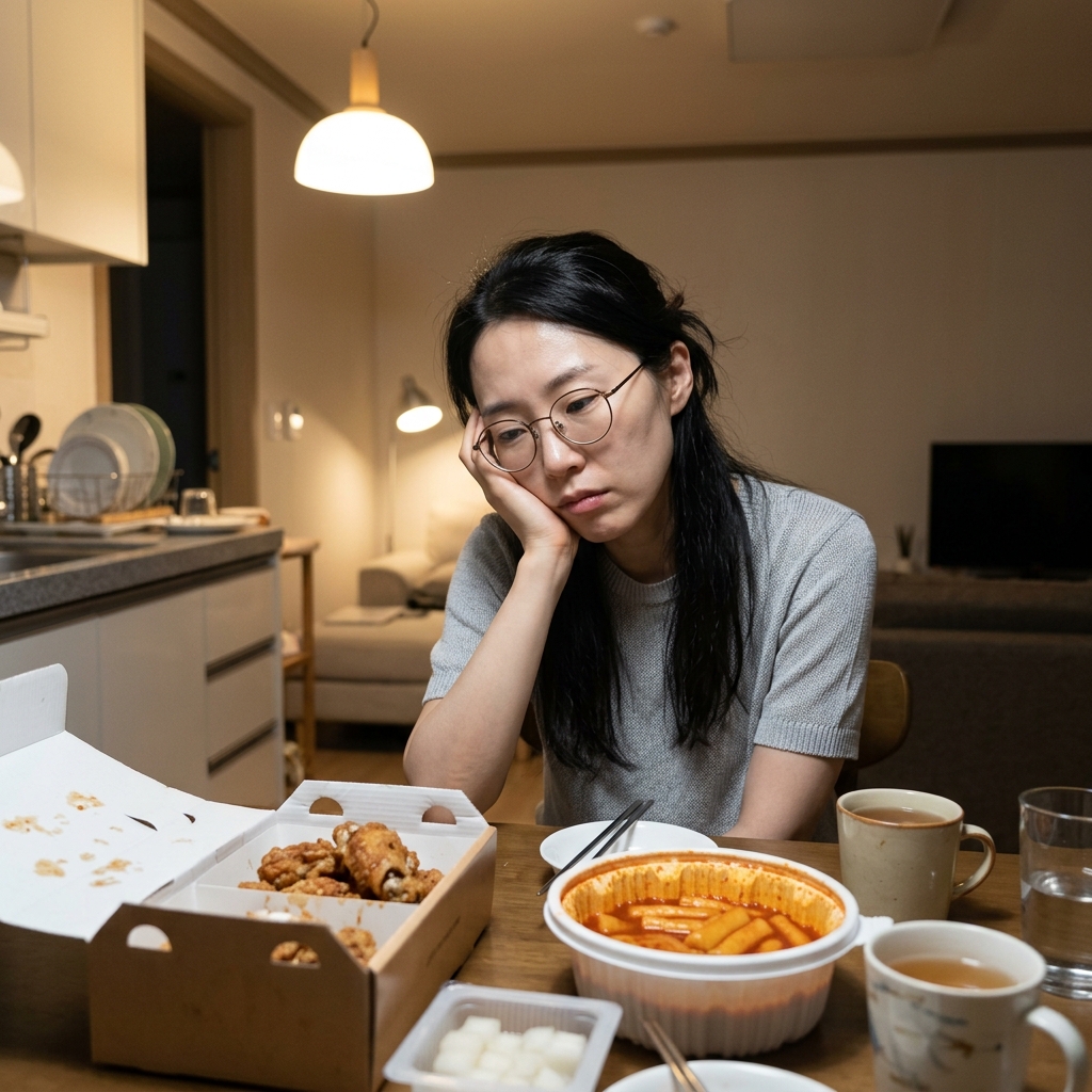 늦은 밤 테이블 위에 놓인 치킨과 떡볶이를 앞에 둔 30대 여성의 모습, 실내 조명 아래 피곤한 표정