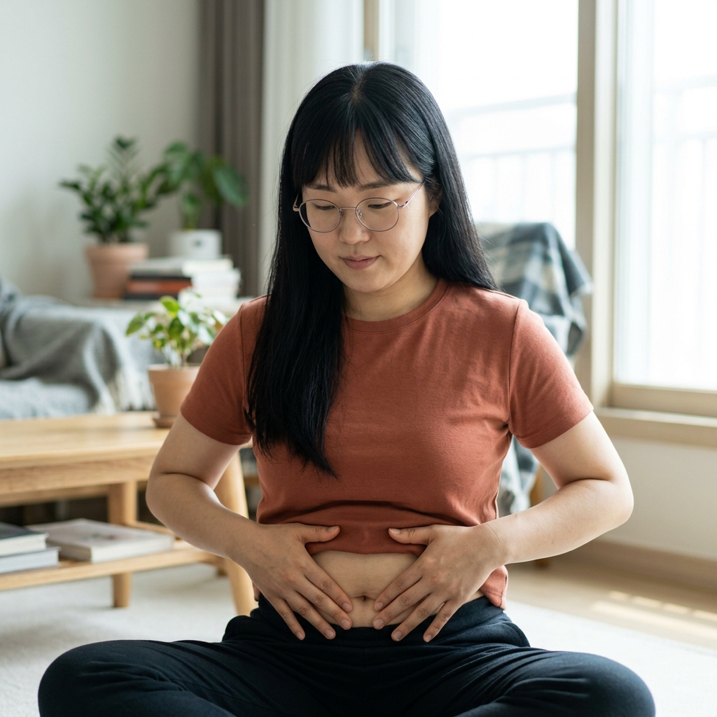 배 위에 손을 올리고 배꼽 주변을 부드럽게 마사지하는 중년 여성의 모습, 실내 창가 자연광