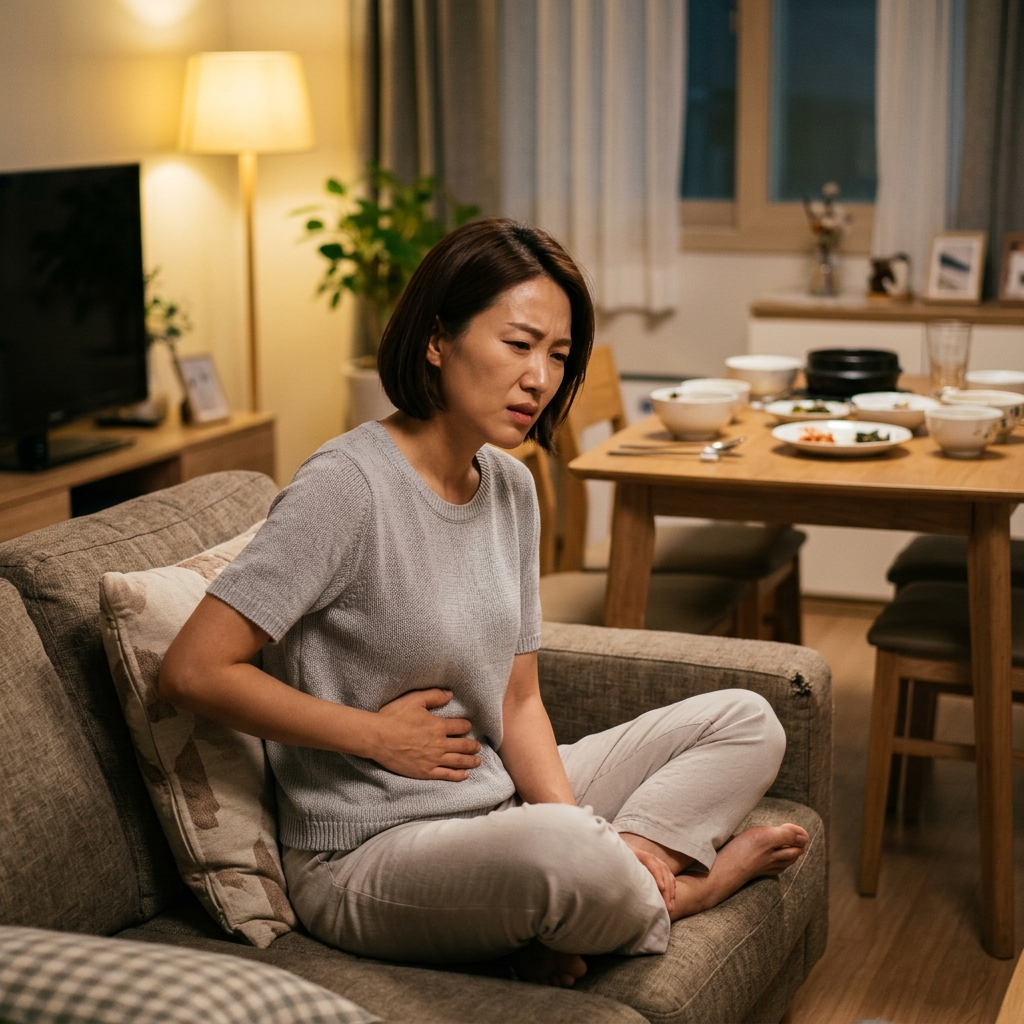 50대 중반 여성이 저녁 식후 거실 소파에 앉아 배를 손으로 눌러보며 불편한 표정을 짓고 있는 장면, 실내 조명은 따뜻한 노란빛, 배경에 식탁 위 빈 그릇들이 보임