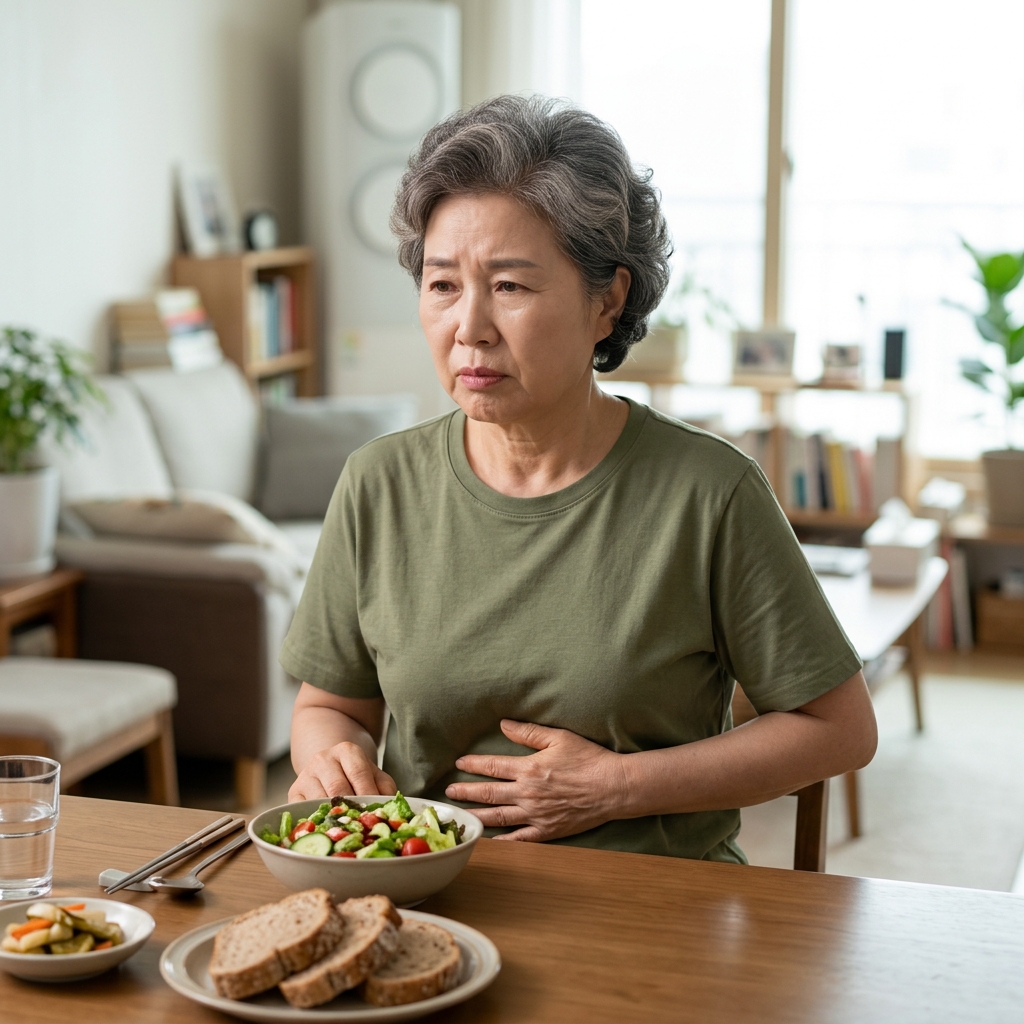 거실 식탁에서 샐러드와 통곡물 빵을 앞에 두고 배를 손으로 감싸 쥔 채 불편한 표정을 짓고 있는 한국인 70대 여성의 상반신 모습, 자연광, 일상 기록 느낌