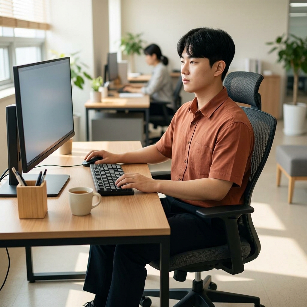 사무실 책상 앞 의자에 앉아 허리를 곧게 세우고 발을 바닥에 평평하게 둔 채 모니터를 보는 한국인 성인 모습