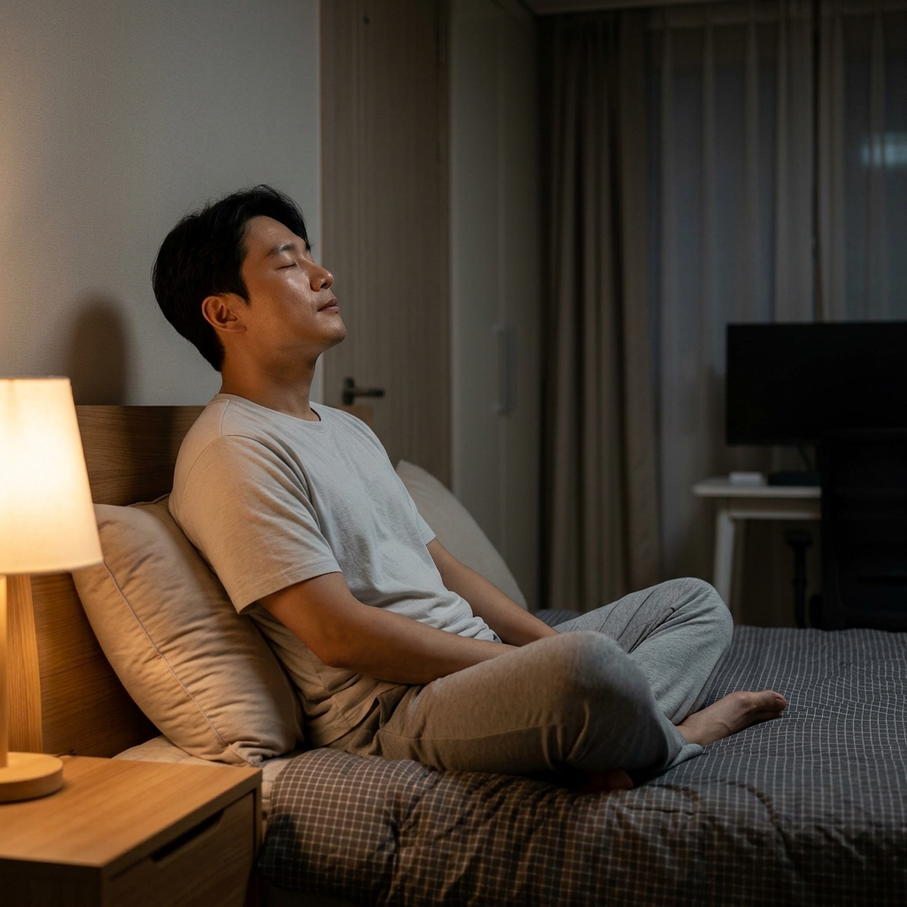 침대 옆에 앉아 편안한 자세로 눈을 감고 코로 깊게 숨을 들이마시는 30대 직장인의 모습, 어두운 실내 조명