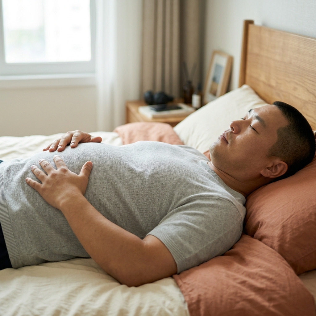 침대에 누워 배 위에 손을 얹고 복식 호흡을 연습하는 모습, 배가 부풀어 오르는 장면이 보이는 실내