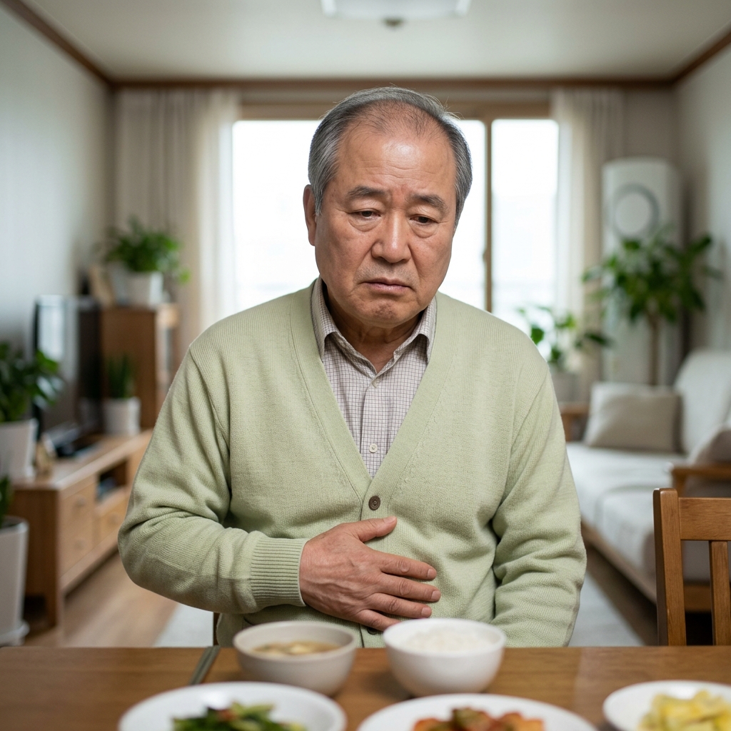 식탁에 앉아 식후 더부룩한 표정으로 배를 감싸 쥔 얇은 카디건 차림의 70대 어르신