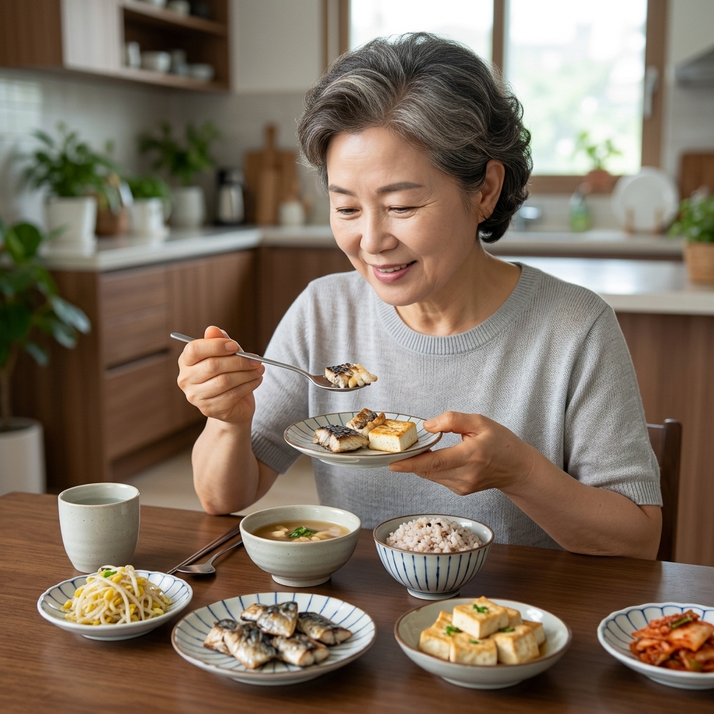 작은 접시에 담긴 생선구이와 두부 반찬을 소량씩 나눠 먹는 70대 어르신의 식탁 전경
