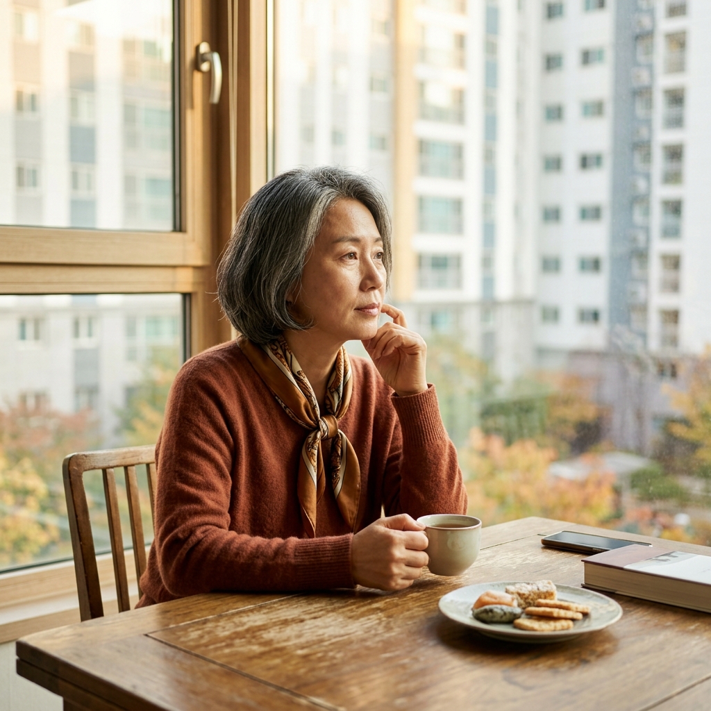 선선한 초가을 오후, 창가에서 간식을 먹으며 생각에 잠긴 중년 여성의 모습