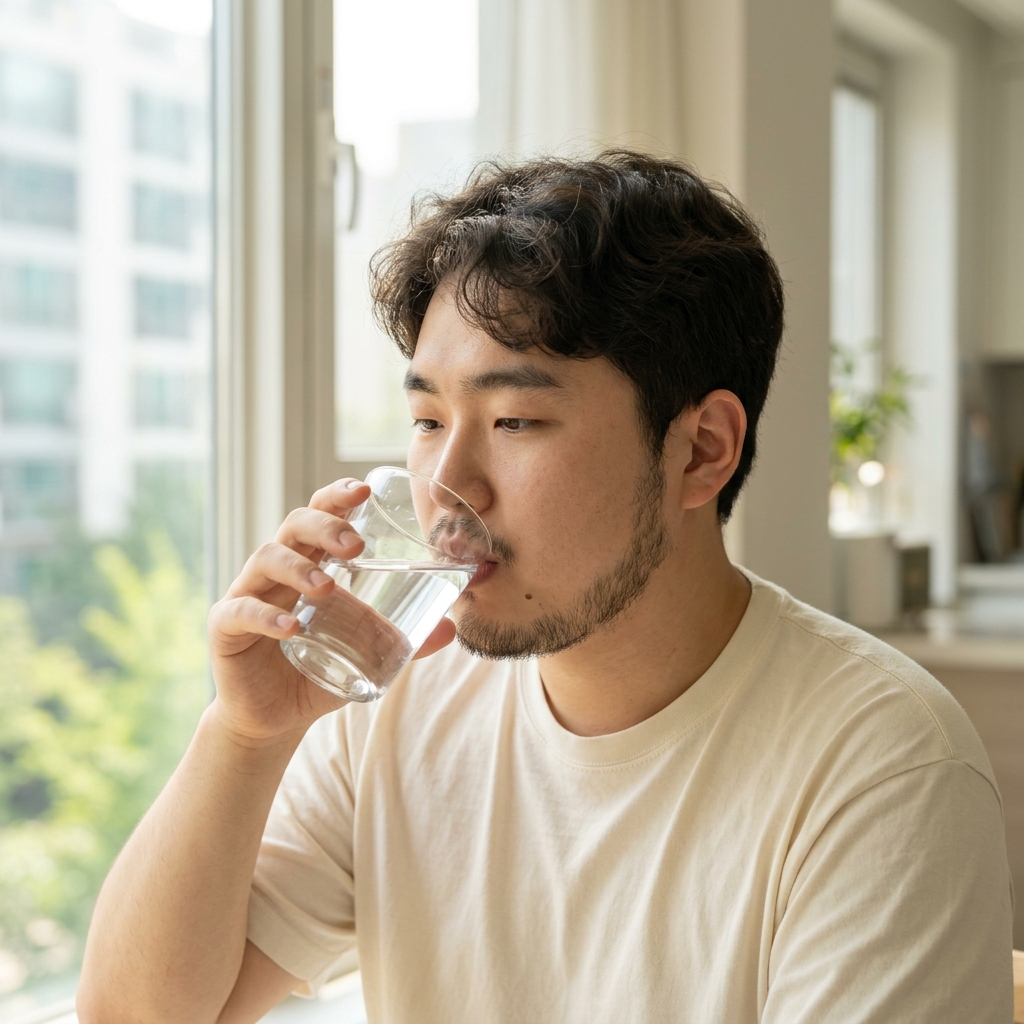 창가에서 미지근한 물을 마시며 아침 햇살을 받고 있는 모습