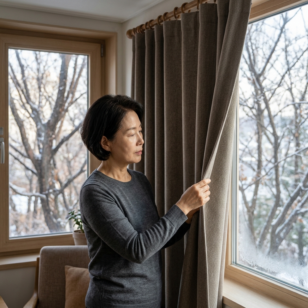 거실 창가에서 두꺼운 방한 커튼을 손으로 확인하며 원단 두께를 살펴보는 60대 후반 여성, 얇은 긴팔 니트 차림, 창밖으로 겨울 나뭇가지가 보이는 실내