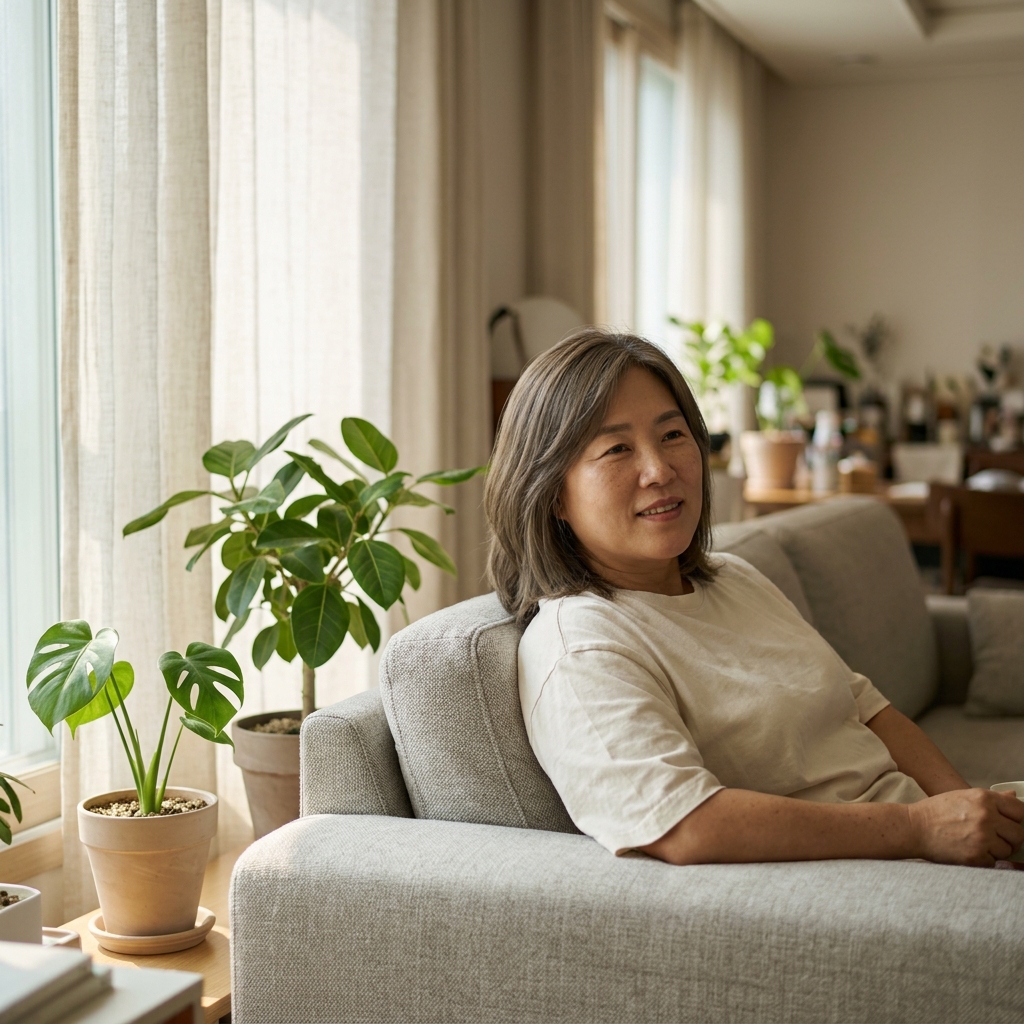 창가에 설치된 린넨 커튼 사이로 부드러운 자연광이 스며들어 거실 소파와 식물을 은은하게 비추는 따뜻한 오후 장면