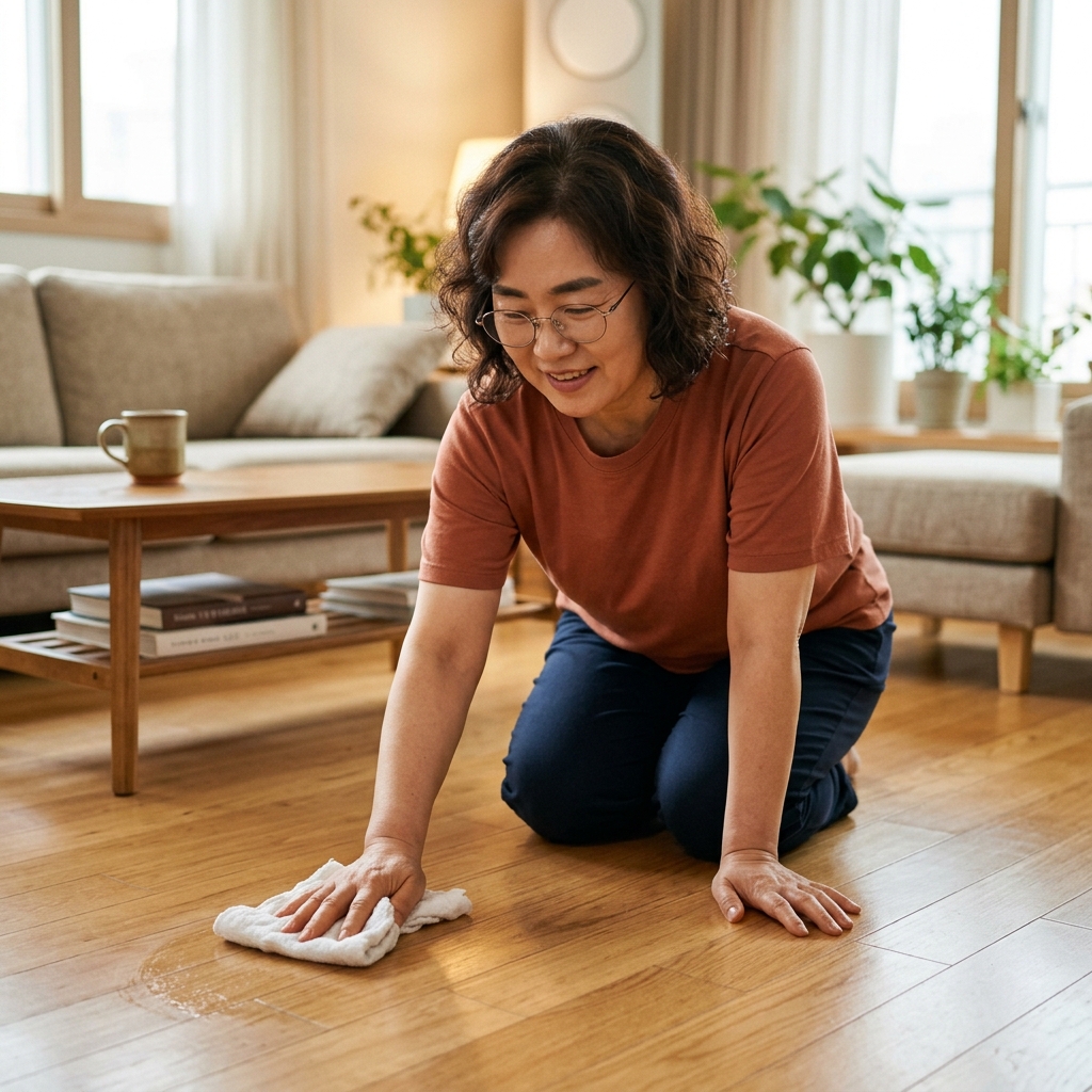 원목 마루 바닥을 물기 짠 걸레로 닦는 손, 실내 조명 아래 정돈된 거실