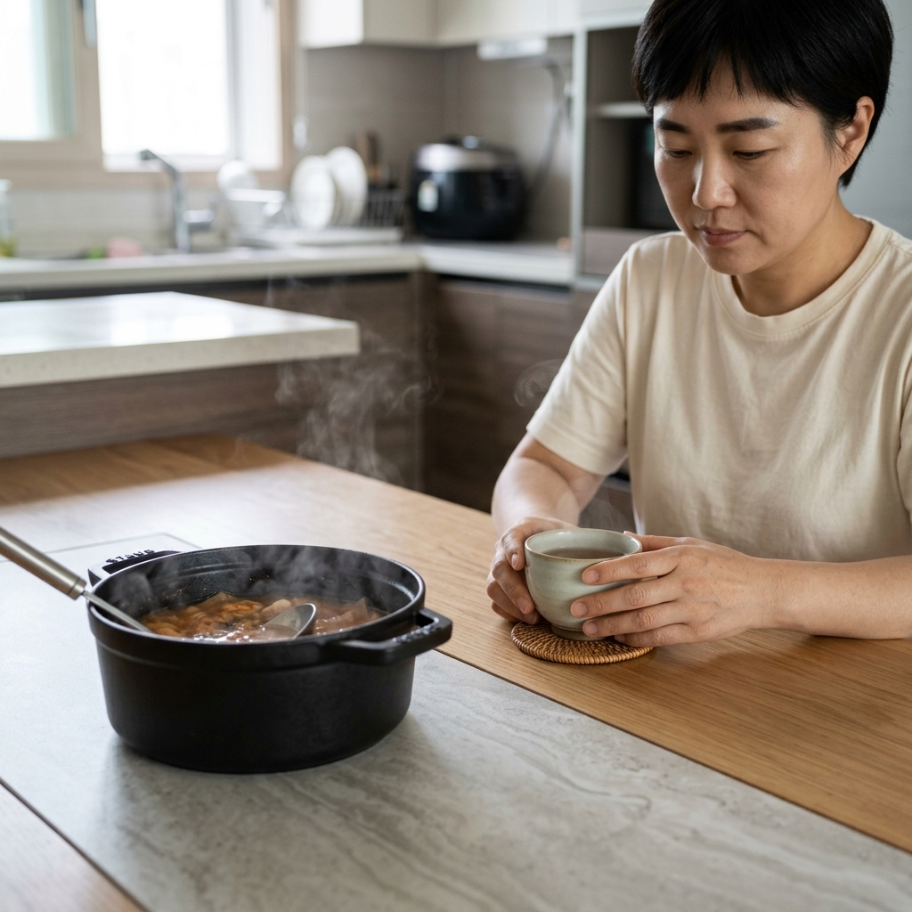 세라믹 상판 식탁 위에 뜨거운 냄비를 올려둔 모습과 원목 식탁 위 티 코스터를 받친 찻잔