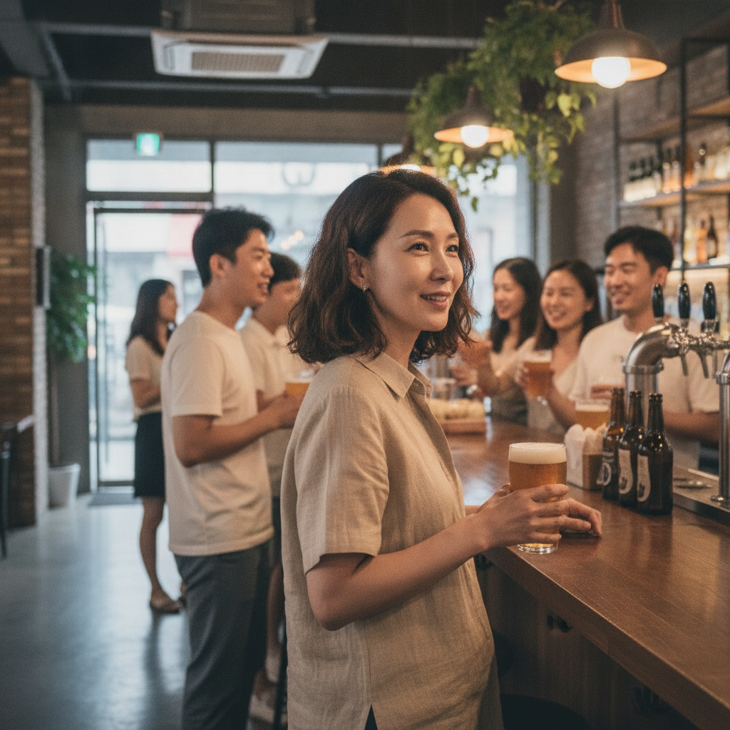 서서 맥주를 즐기는 사람들이 모여 있는 스탠딩 바 내부 풍경