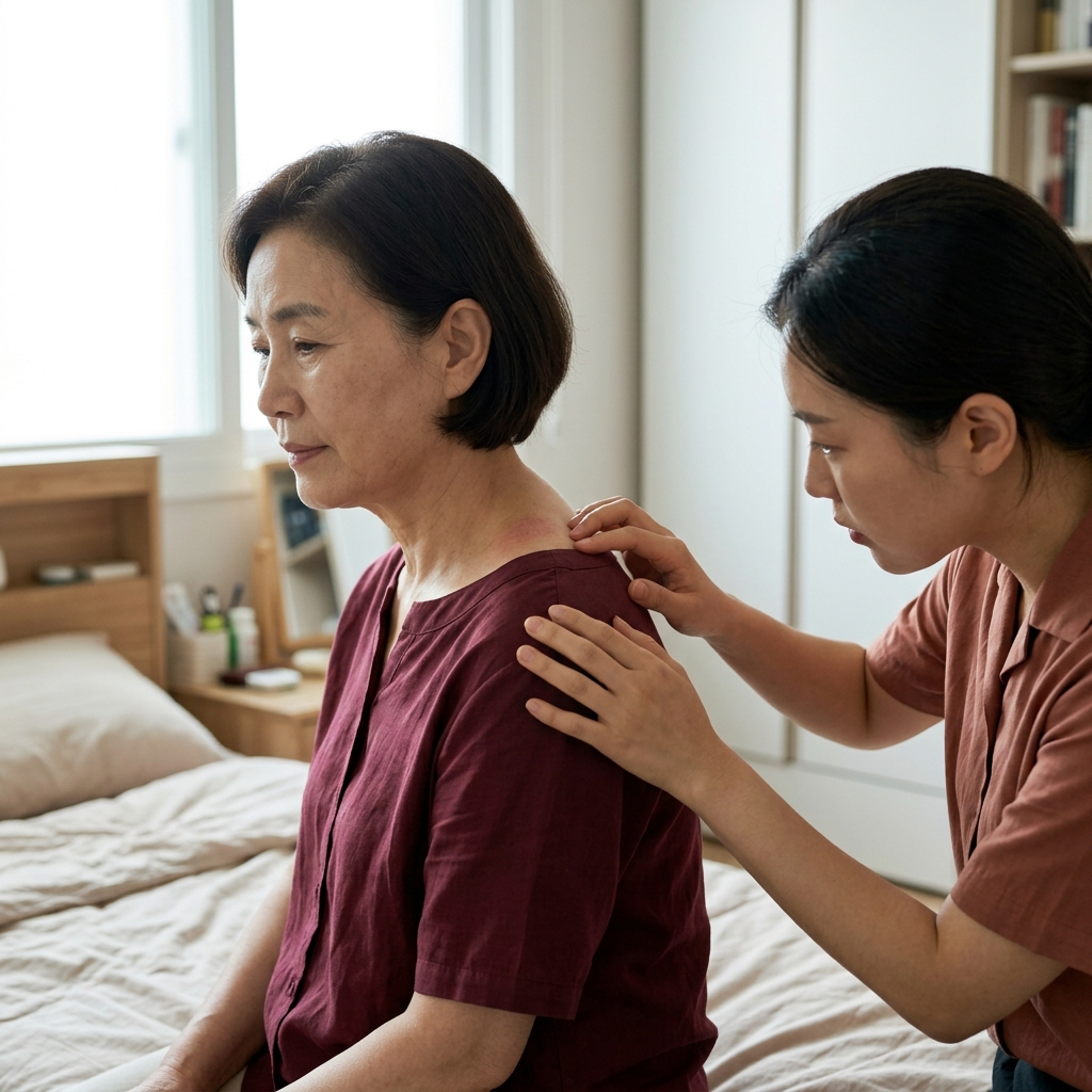 침대에 앉아 있는 70대 어르신의 옆모습, 보호자가 옆에서 어깨와 등 피부 상태를 조심스럽게 살피는 장면
