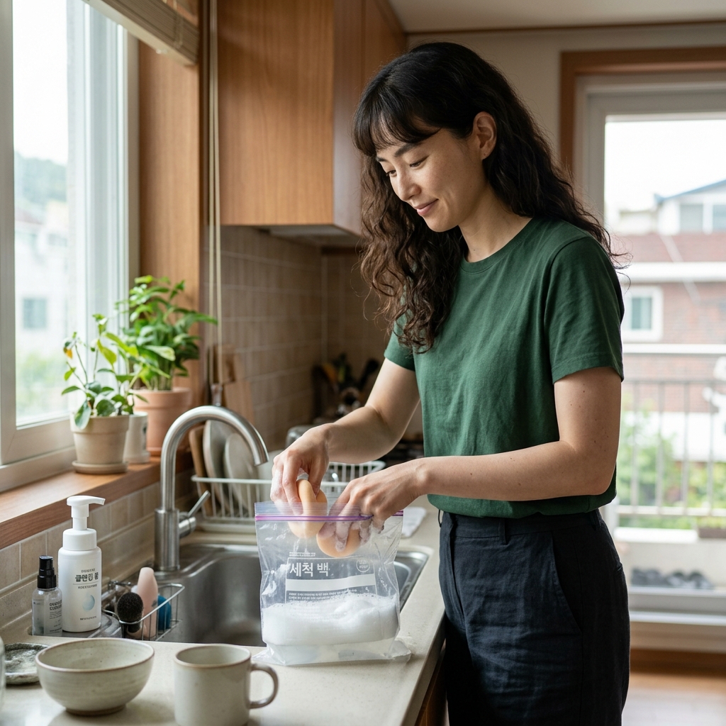 지퍼백 안에서 퍼프를 부드럽게 주무르며 세척하는 모습, 싱크대 옆에 클렌징폼 용기가 놓인 밝은 실내