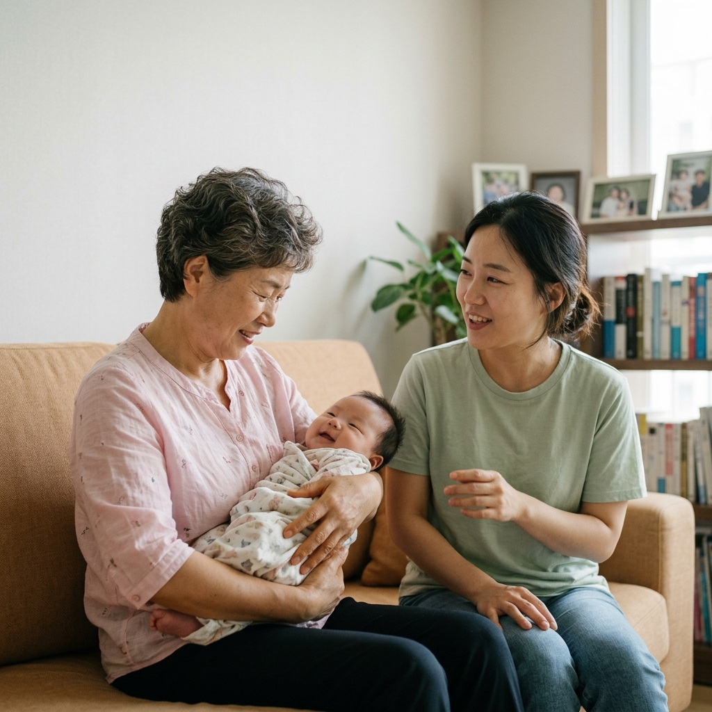 50대 후반 여성이 밝은 색 얇은 블라우스를 입고 거실에서 손주를 안고 있는 모습, 옆에서 30대 딸이 가벼운 반팔 티셔츠 차림으로 미소 지으며 대화하는 장면