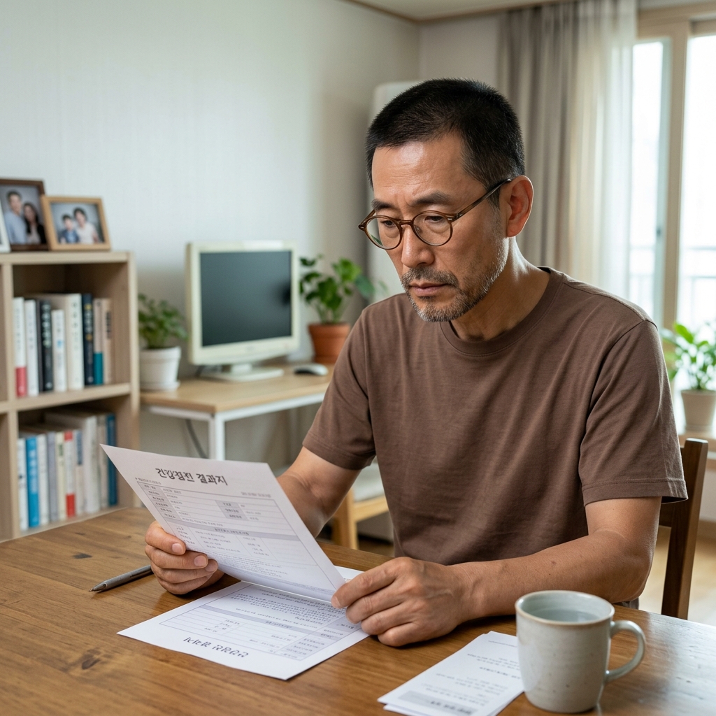 건강검진 결과지를 확인하며 고민하는 60대 중년 남성의 모습