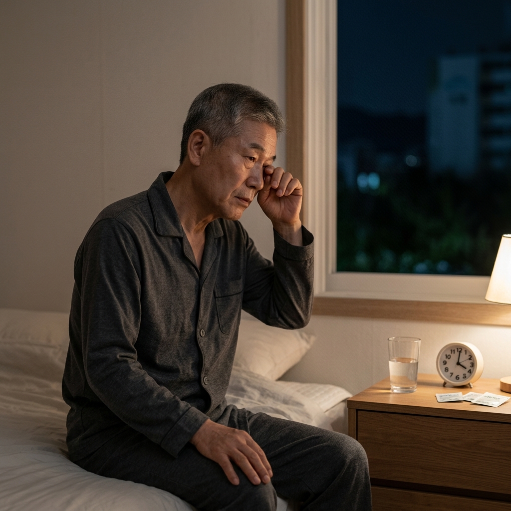 침대 옆 탁자 위의 물컵과 시계를 보며 밤중에 깬 70대 한국인의 모습, 창밖 어두운 밤 풍경