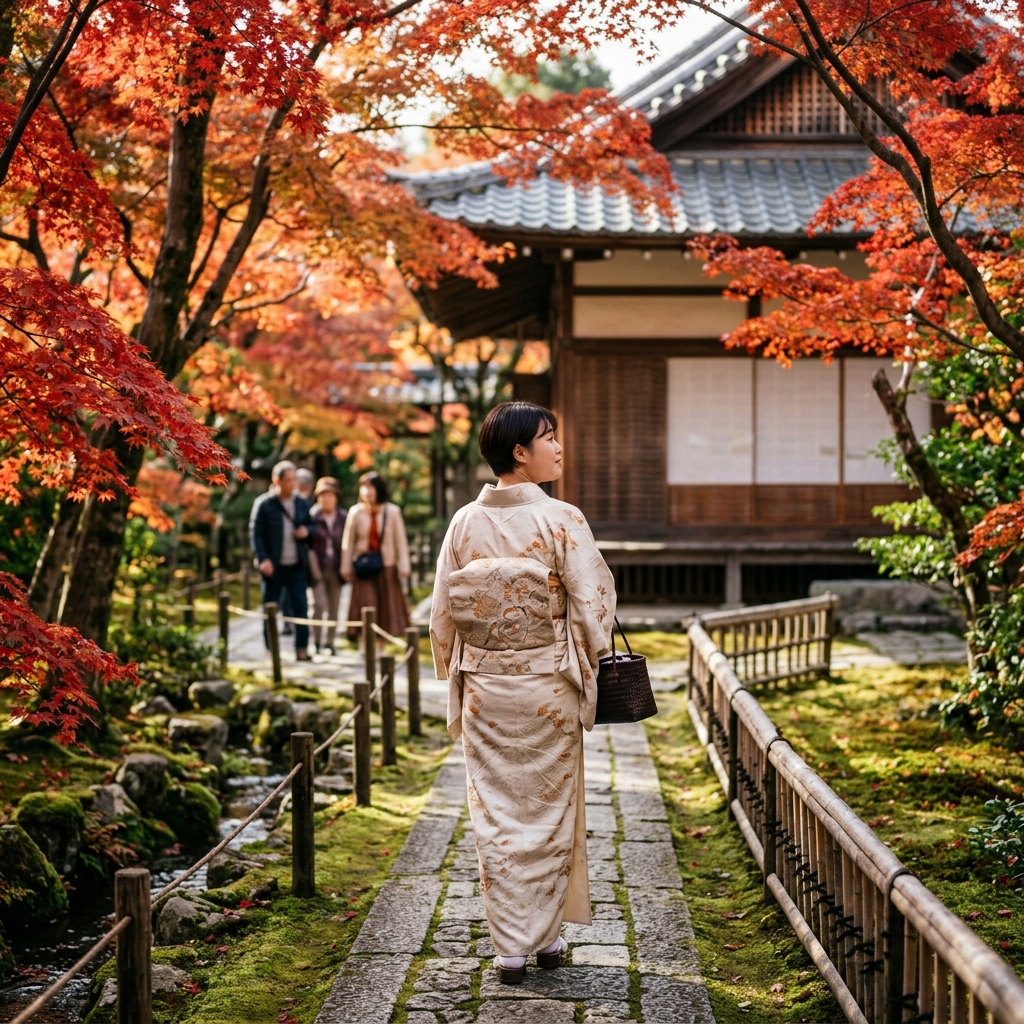 붉은 단풍으로 물든 교토의 전통 사찰 정원을 걷는 아이보리 톤 기모노를 입은 여행자의 뒷모습
