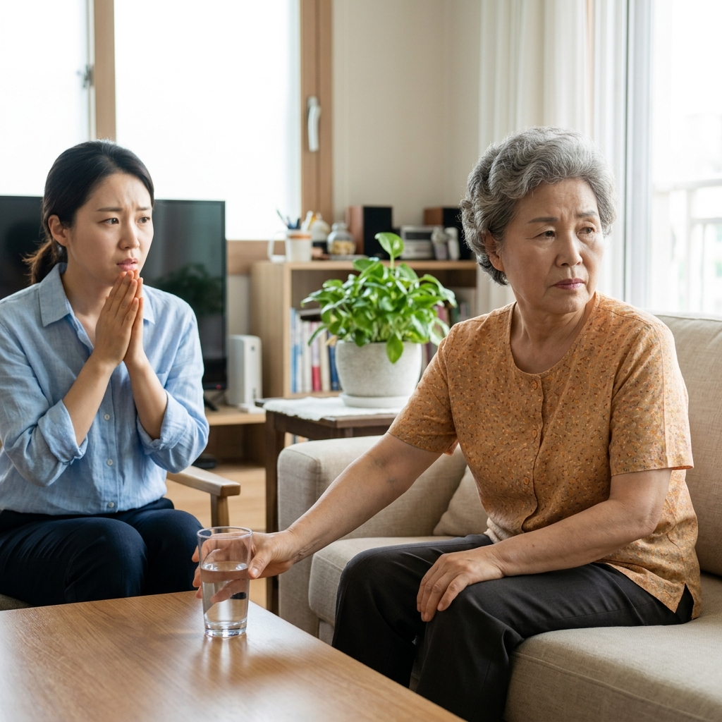 거실 소파에 앉아 물컵을 밀어내는 70대 어르신과 걱정스러운 표정으로 지켜보는 가족의 모습, 밝은 실내 조명, 여름철 얇은 셔츠 차림