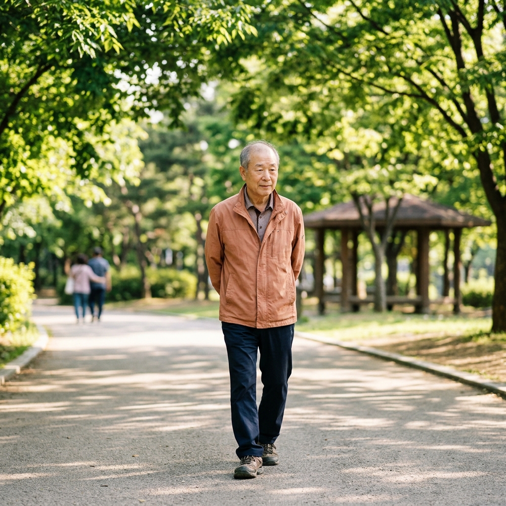 70대 남성이 아침 산책길에서 양손을 뒤로 모으고 걷고 있고, 햇빛이 비치는 공원 산책로 배경