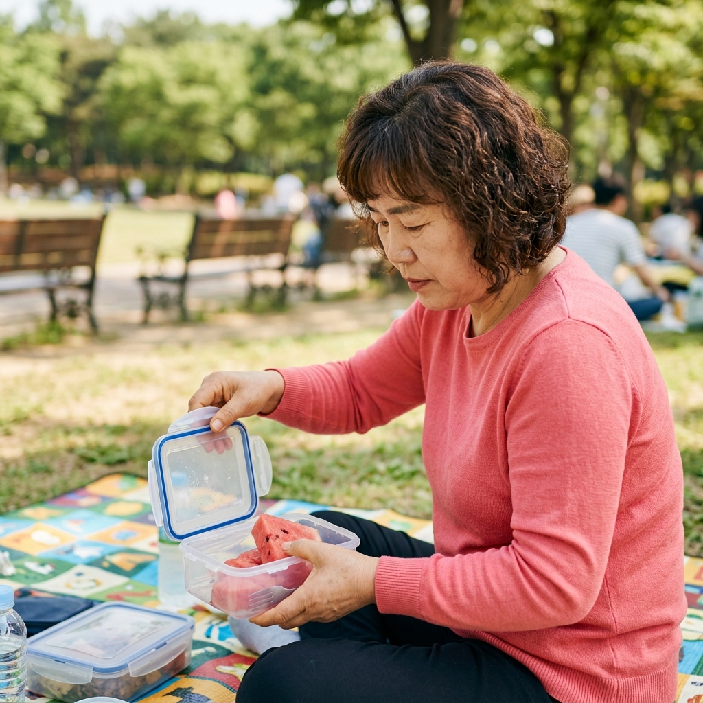 긴팔 옷 입은 60대 후반 한국인 여성이 야외 돗자리 위에서 밀폐 용기를 열고 수박을 꺼내는 모습