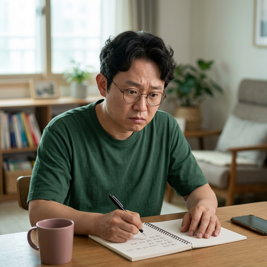 중년 한국인 여성이 메모장에 날짜와 증상을 적으며 걱정스러운 표情으로 앉아 있는 장면