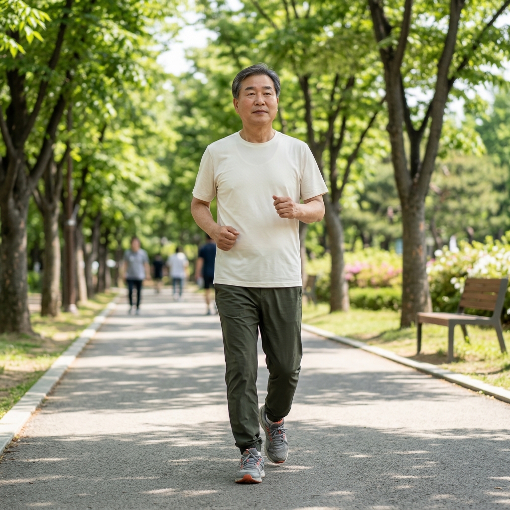 70대 중장년이 운동복을 입고 공원에서 빠르게 걷는 모습, 주변에 가로수와 햇살이 보이는 야외 산책로